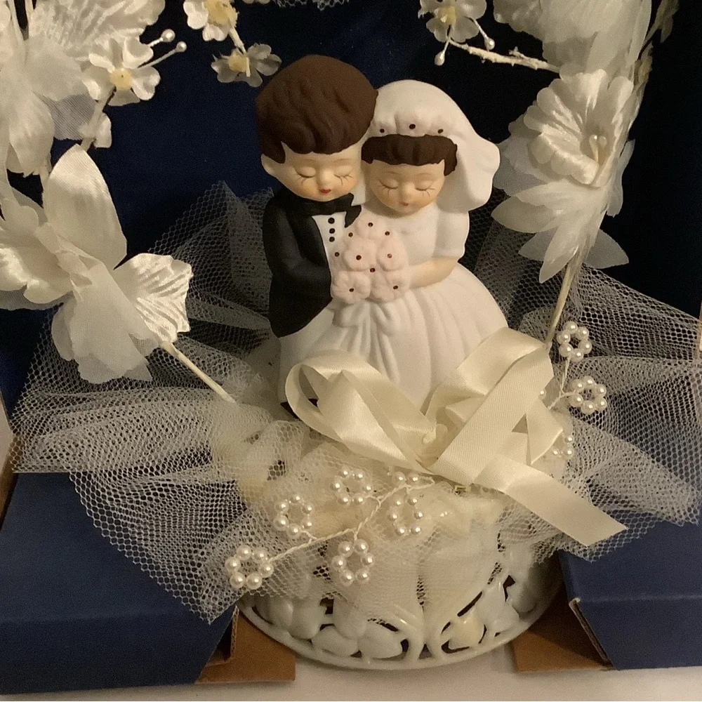 Vintage Wedding Cake Topper Porcelain Bride and Groom with White Floral Accents